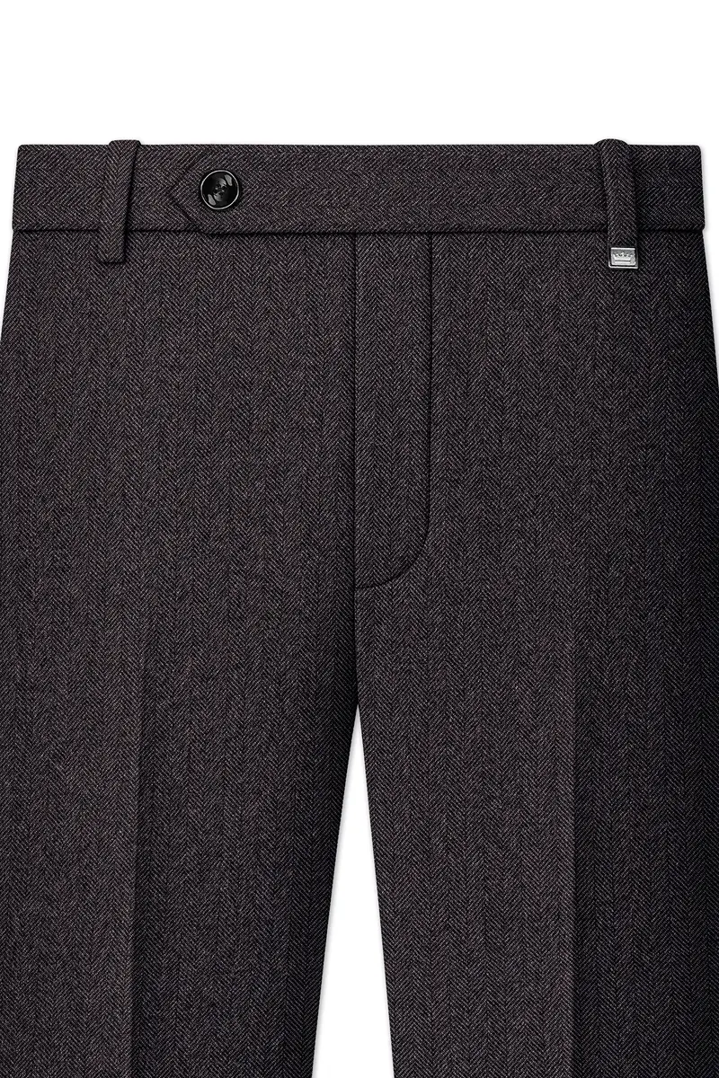 Aurezion-Zeus Brown Herringbone Textured Tweed Stretchable Waistband Pant 4