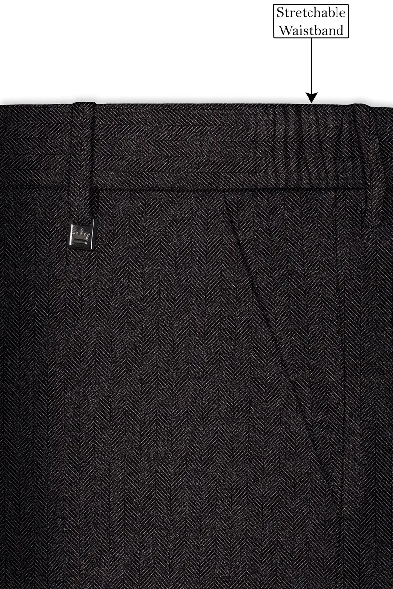 Aurezion-Zeus Brown Herringbone Textured Tweed Stretchable Waistband Pant 6