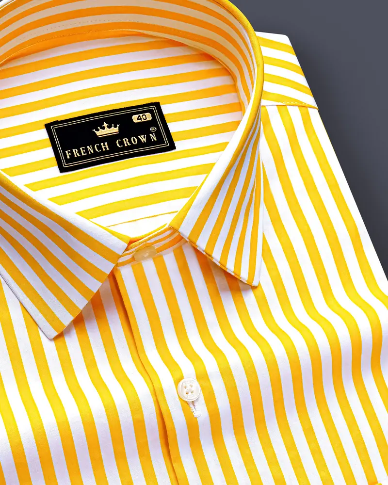 Aurisel-Koromiko Yellow And Bright White Striped Subtle Sheen Super Soft Premium Cotton Dress Shirt 1