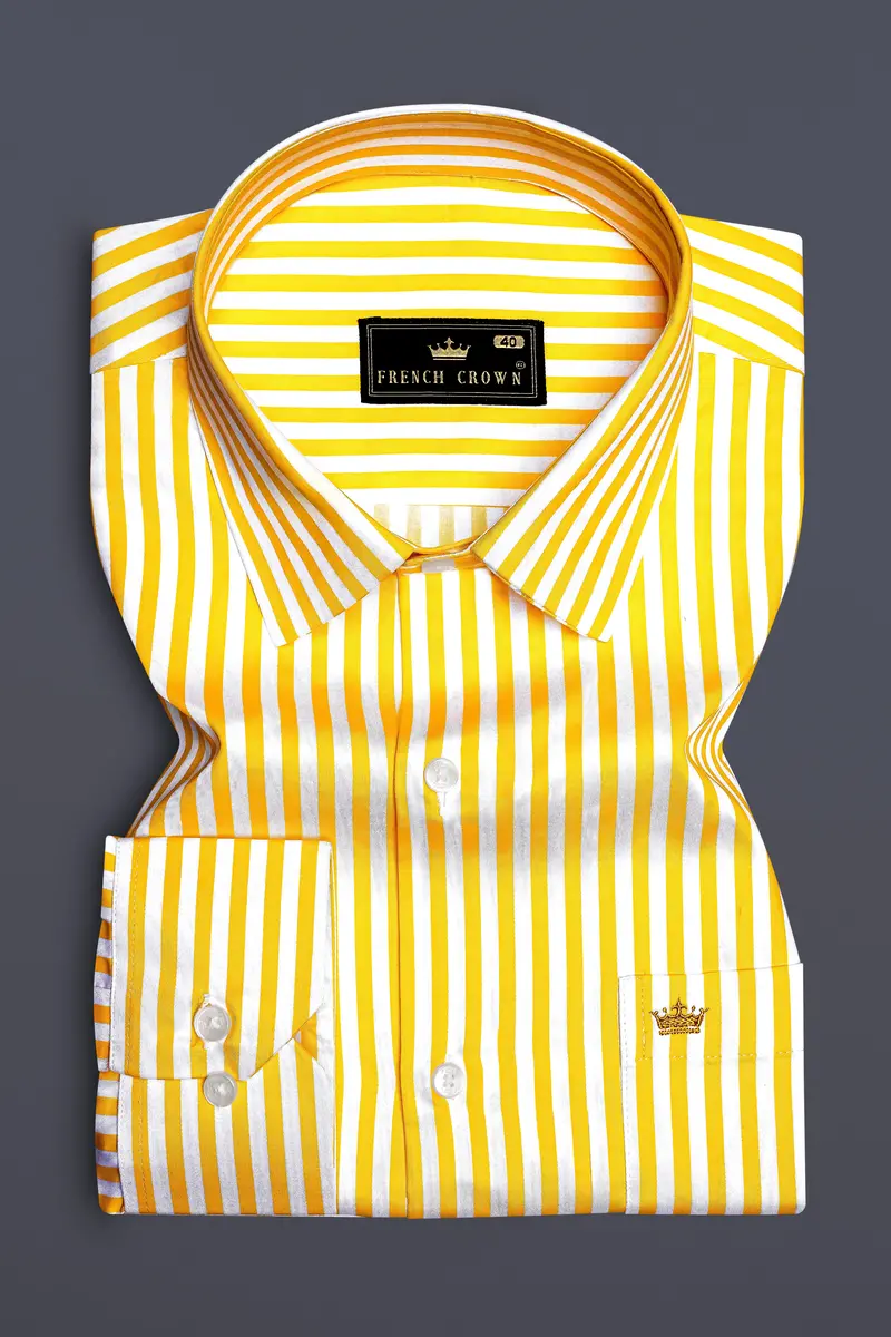 Aurisel-Koromiko Yellow And Bright White Striped Subtle Sheen Super Soft Premium Cotton Dress Shirt 4