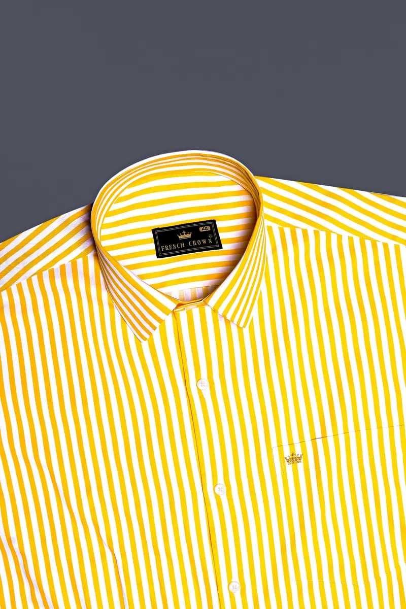 Aurisel-Koromiko Yellow And Bright White Striped Subtle Sheen Super Soft Premium Cotton Dress Shirt 5