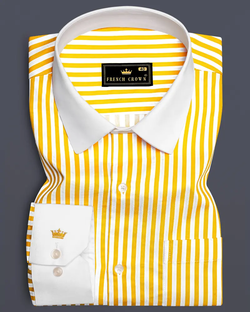 Aurisel-Koromiko Yellow And Bright White Striped Super Soft Premium Cotton Dress White Cuff Collar Shirt 1