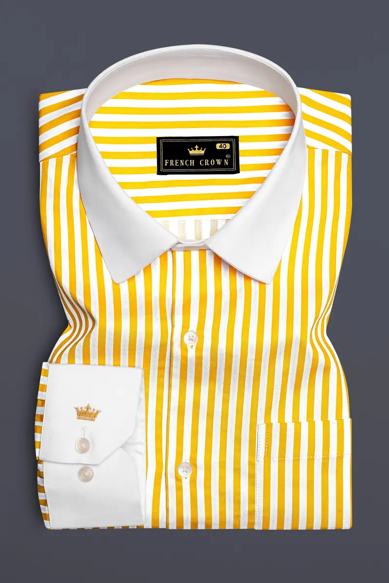 Aurisel-Koromiko Yellow And Bright White Striped Super Soft Premium Cotton Dress White Cuff Collar Shirt 2