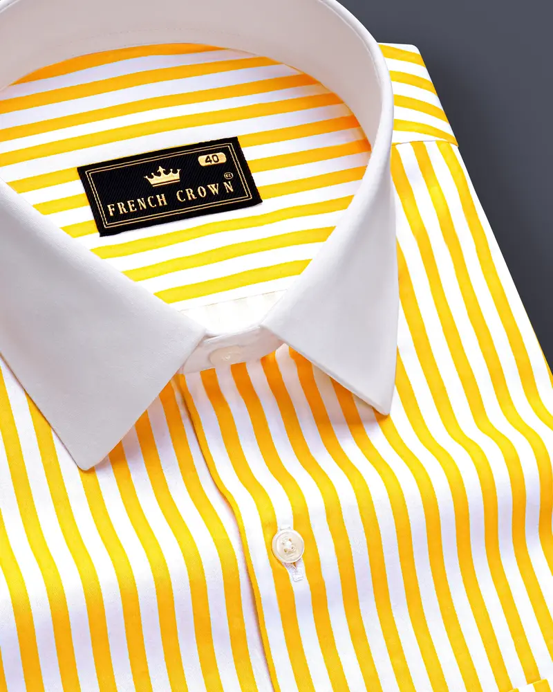 Aurisel-Koromiko Yellow And Bright White Striped Super Soft Premium Cotton Dress White Cuff Collar Shirt 4