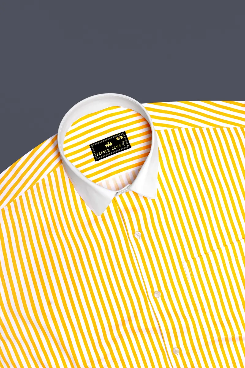Aurisel-Koromiko Yellow And Bright White Striped Super Soft Premium Cotton Dress White Cuff Collar Shirt 5