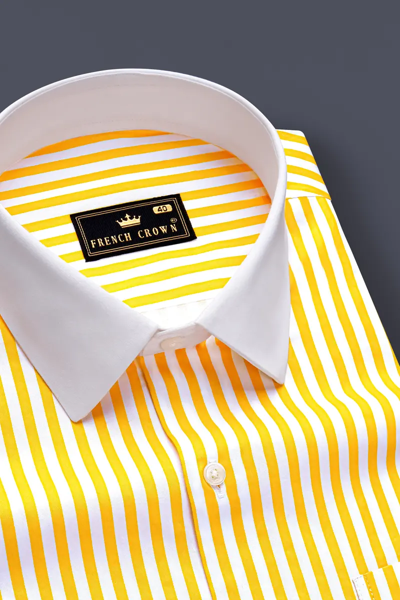 Aurisel-Koromiko Yellow And Bright White Striped Super Soft Premium Cotton Dress White Cuff Collar Shirt 6