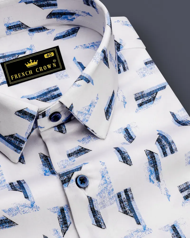 Axion-Bright White And Midnight Blue Geometric Print Subtle Sheen Super Soft Premium Cotton Casual Shirt 1