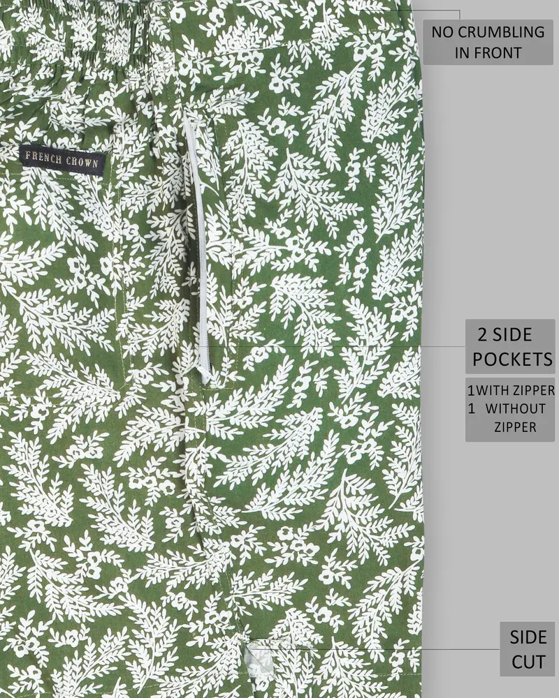 Axolotl & White Leaves Printed Premium Tencel Shorts 6