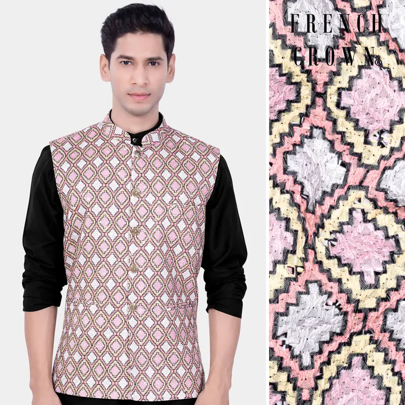 Azalea Pink And Astra Yellow Multicolour Designer Embroidered Nehru Jacket 1