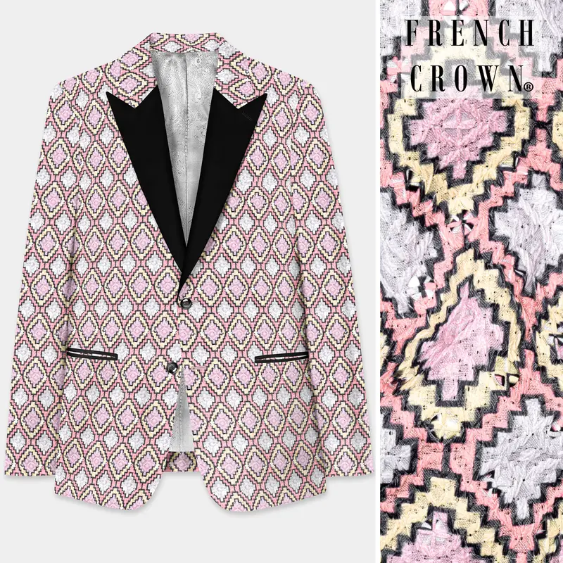 Azalea Pink And Astra Yellow Multicolour Designer Embroidered Peak Lapel Tuxedo Blazer 1