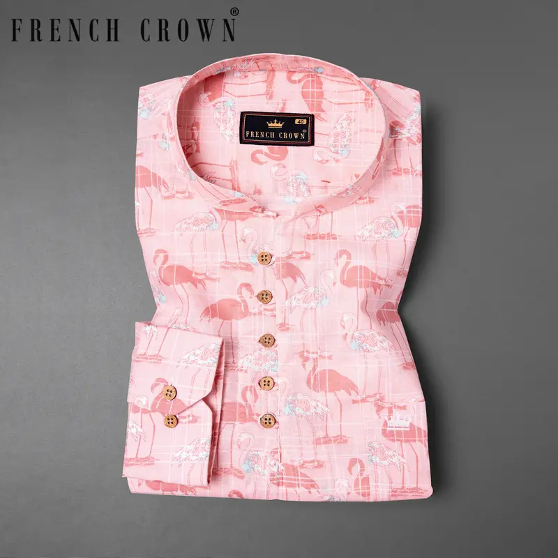 Azalea Pink Flamingo Printed Luxurious Linen Kurta Shirt 1