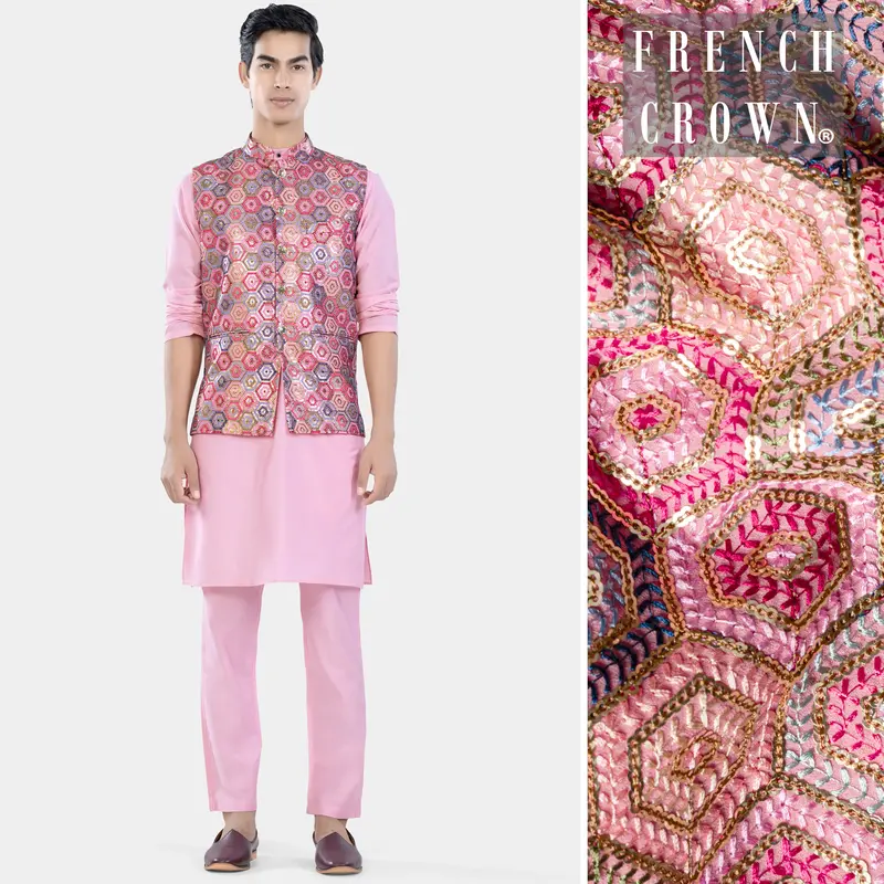 Azalea Pink Kurta Set With Radical Pink And Rhino Blue Multicolour Honeycomb Sequin And Thread Embroidered Designer Nehru Jacket 1