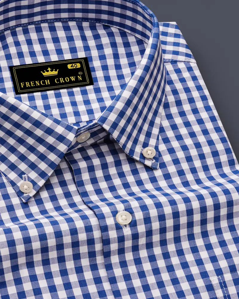 Azivon-Lapis Blue And Bright White Gingham Plaid Super Soft Premium Cotton Semi Formal Shirt 1