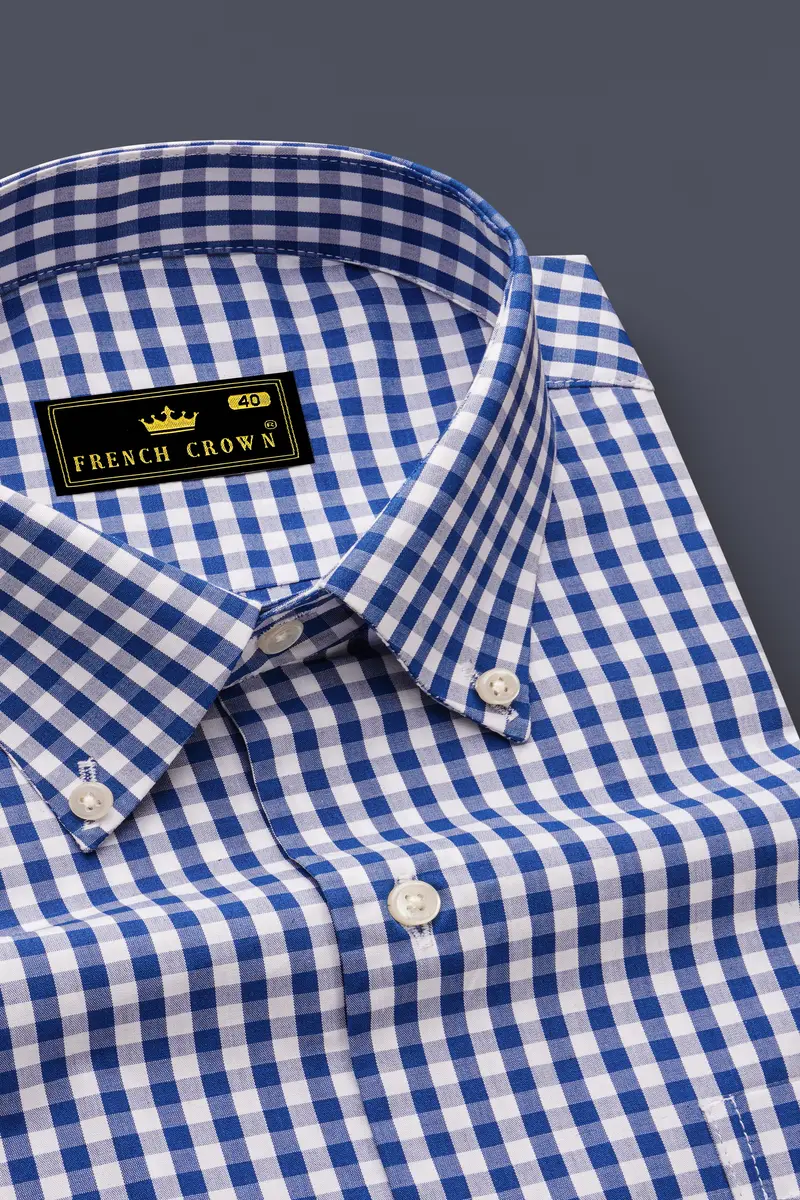 Azivon-Lapis Blue And Bright White Gingham Plaid Super Soft Premium Cotton Semi Formal Shirt 2