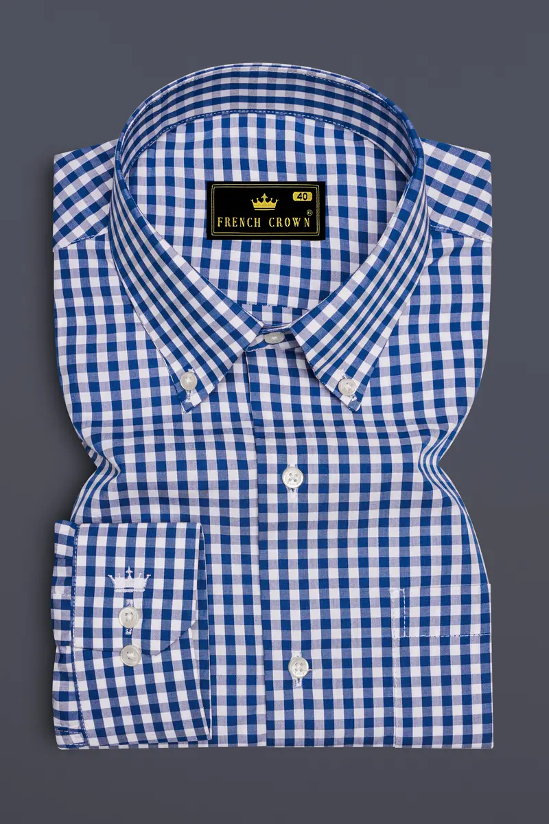 Azivon-Lapis Blue And Bright White Gingham Plaid Super Soft Premium Cotton Semi Formal Shirt 4
