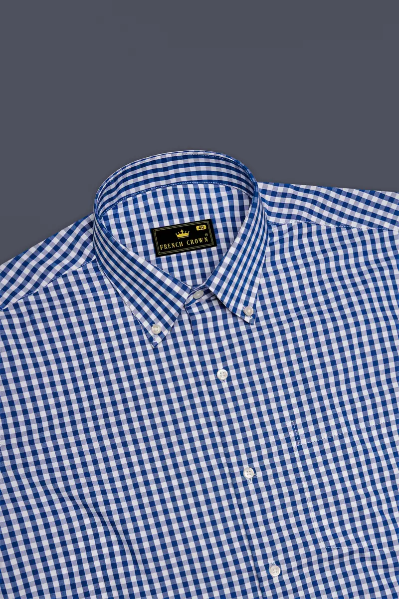 Azivon-Lapis Blue And Bright White Gingham Plaid Super Soft Premium Cotton Semi Formal Shirt 5