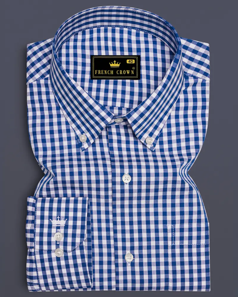 Azivon-Lapis Blue And Bright White Gingham Plaid Super Soft Premium Cotton Semi Formal Shirt 6