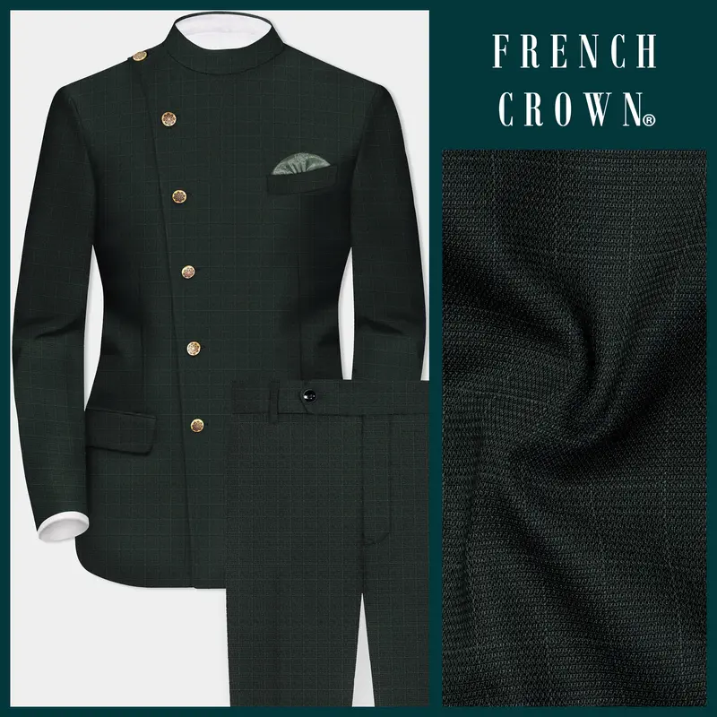 Aztec-Opulent Green Plaid Wool Rich Cross Placket Bandhgala Suit 1