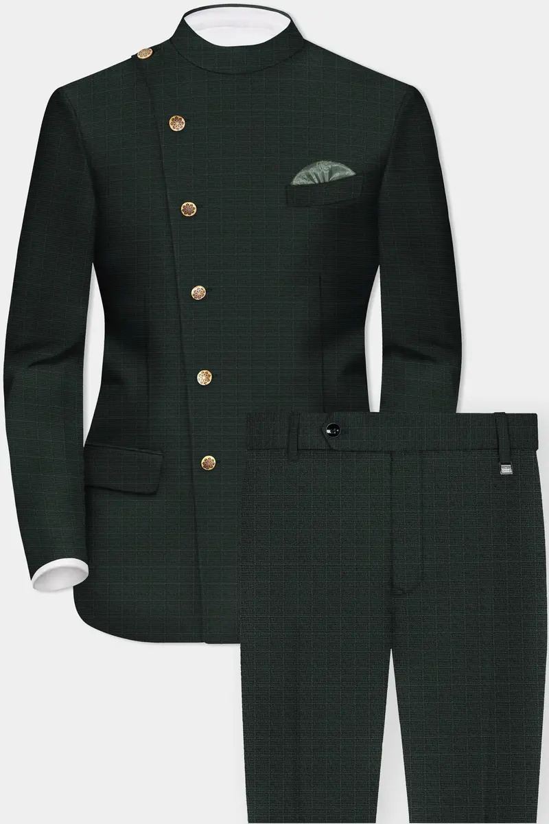 Aztec-Opulent Green Plaid Wool Rich Cross Placket Bandhgala Suit 2