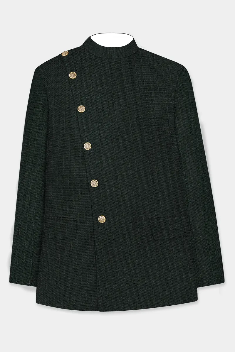 Aztec-Opulent Green Plaid Wool Rich Cross Placket Bandhgala Suit 7