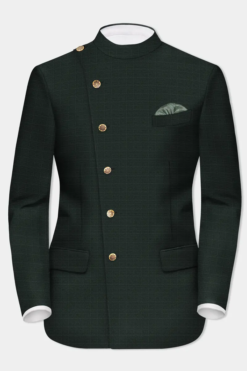 Aztec-Opulent Green Plaid Wool Rich Cross Placket Bandhgala Suit 9