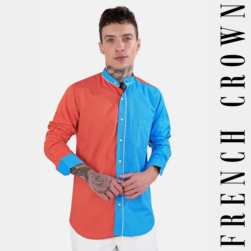 Azul Blue And Bittersweet Orange Dobby Textured Premium Giza Cotton Designer Shirt 1