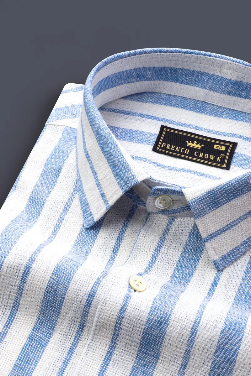 Azure Blue And Bright White Luxurious Linen Shirt 1