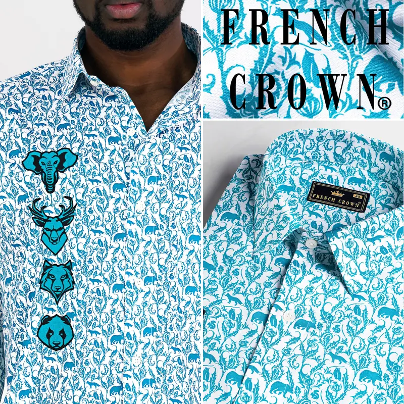 Azure Blue And White Printed With Funky Patchwork Royal Oxford Designer Shirt 1