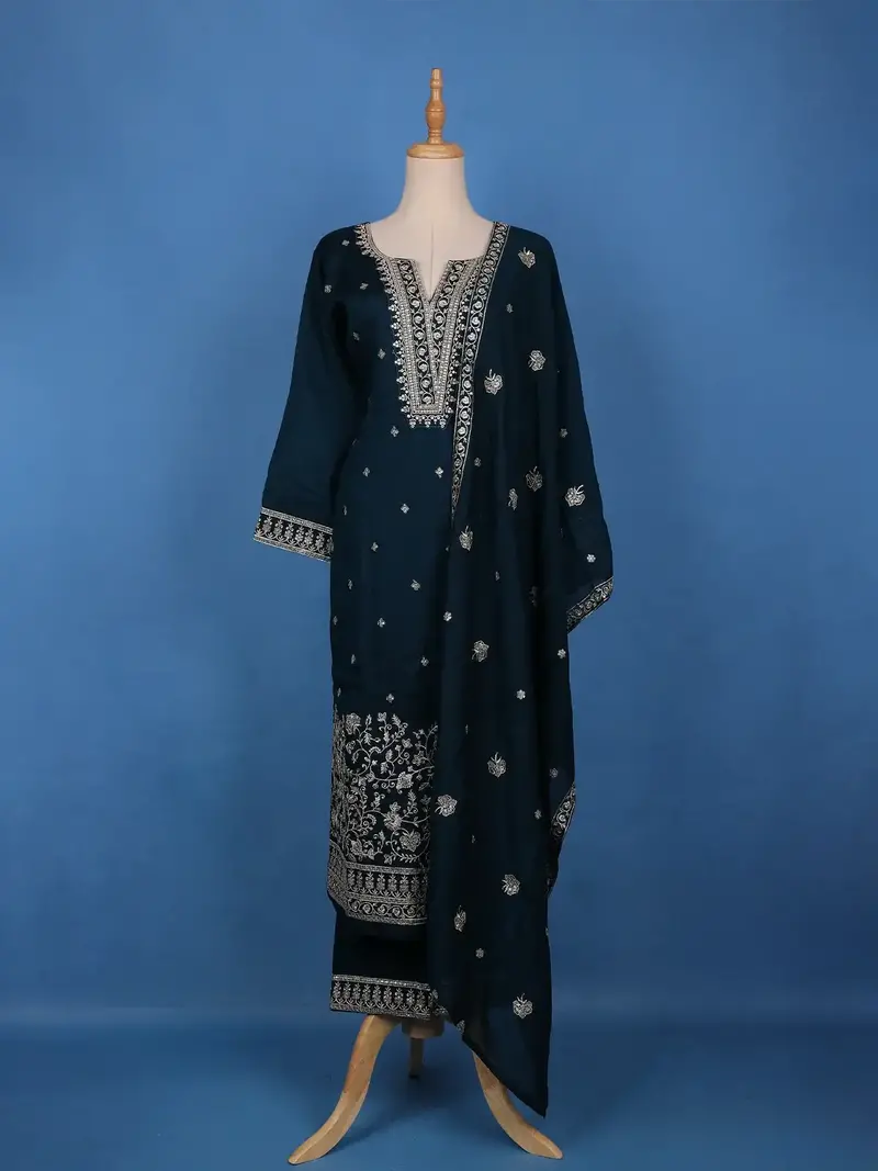 Azure Blue Floral Design Sequin Work Georgette Salwar Suit 1