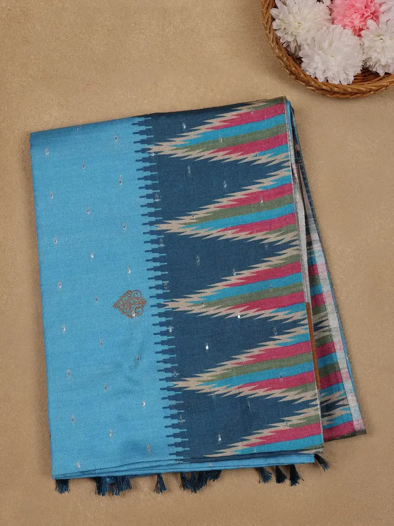 Azure Blue Paisley Designed Soft Silk Saree 1