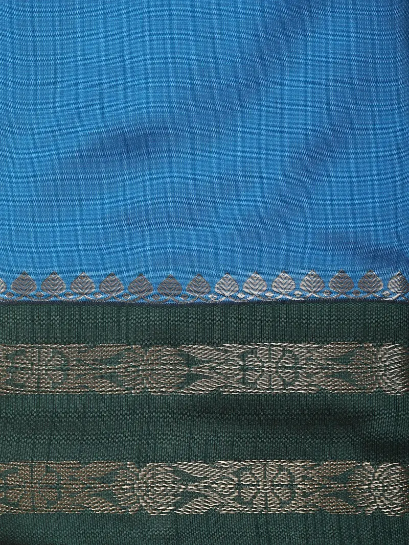 Azure Blue Solid Design Semi Silk Fancy Saree With Contrast Zari Border 2