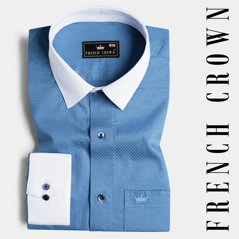 Azure Blue With White Cuffs And Collar Dobby Textured Premium Giza Cotton Shirt 1