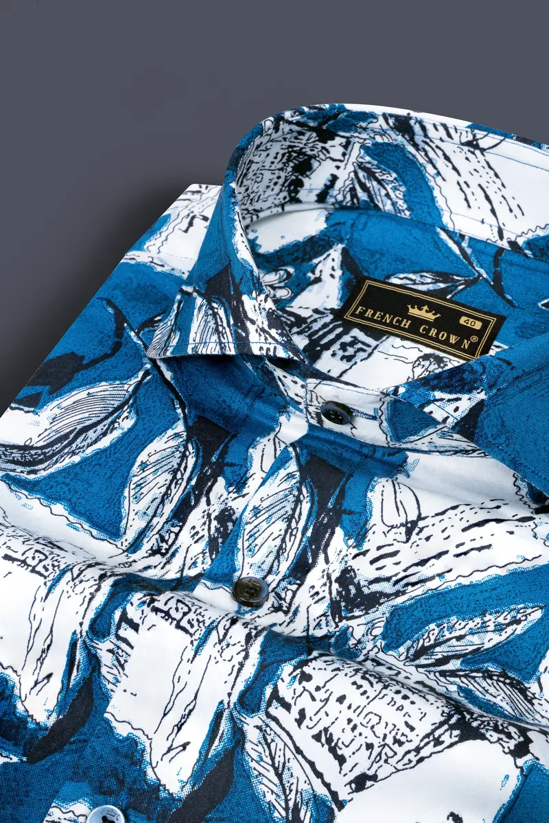 Azure Blue With White Ocean Printed Super Soft Premium Cotton Shirt 1