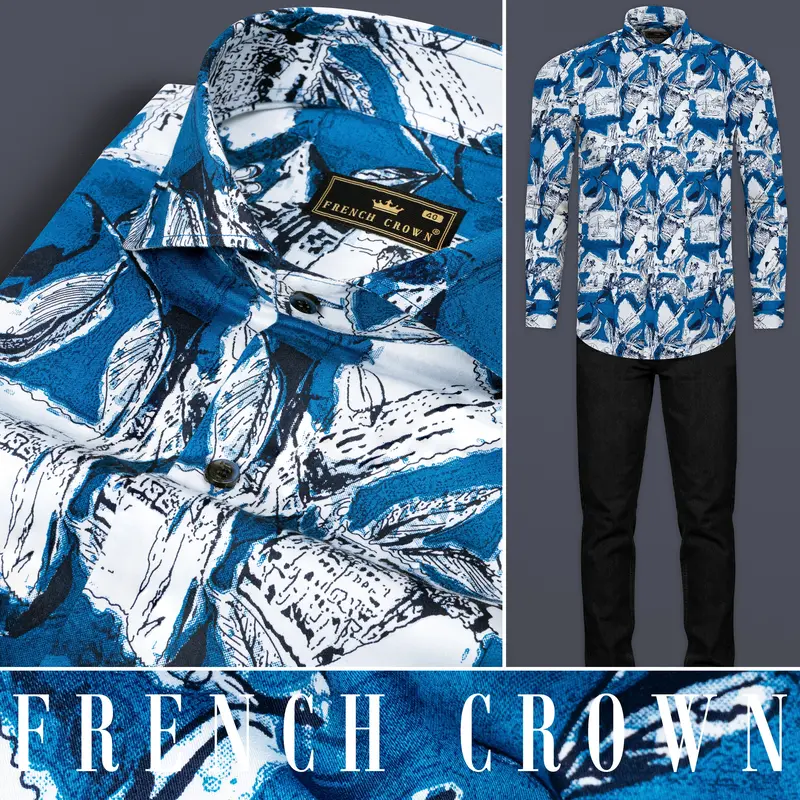 Azure Blue With White Ocean Printed Super Soft Premium Cotton Shirt 10