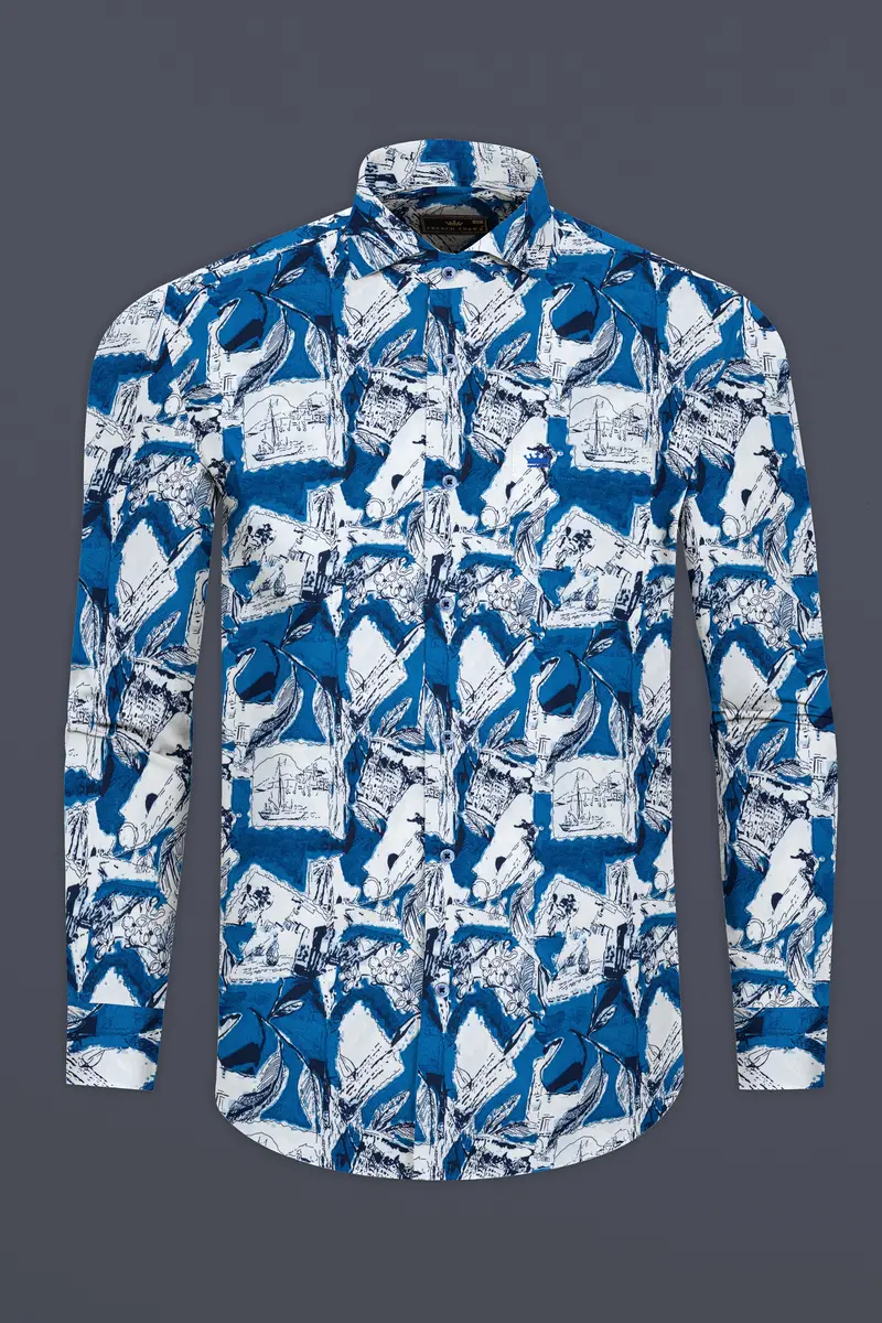 Azure Blue With White Ocean Printed Super Soft Premium Cotton Shirt 3