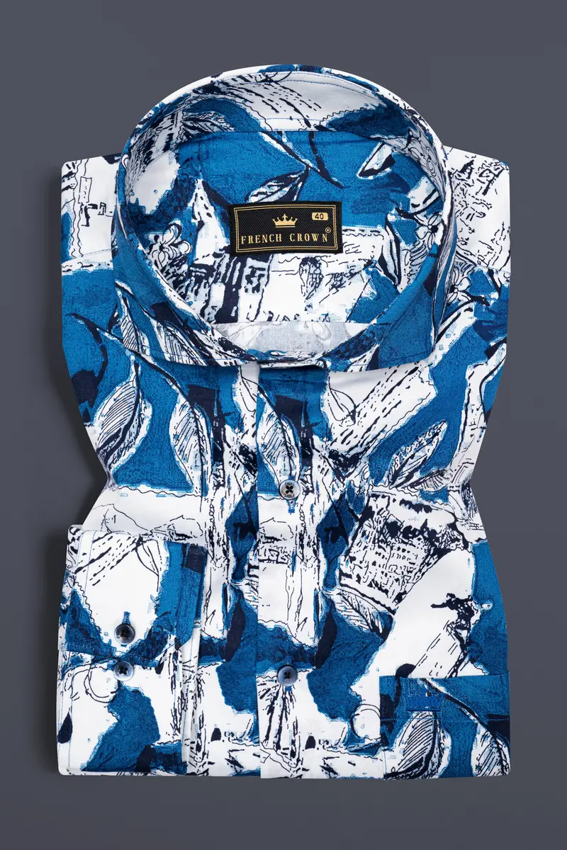Azure Blue With White Ocean Printed Super Soft Premium Cotton Shirt 4