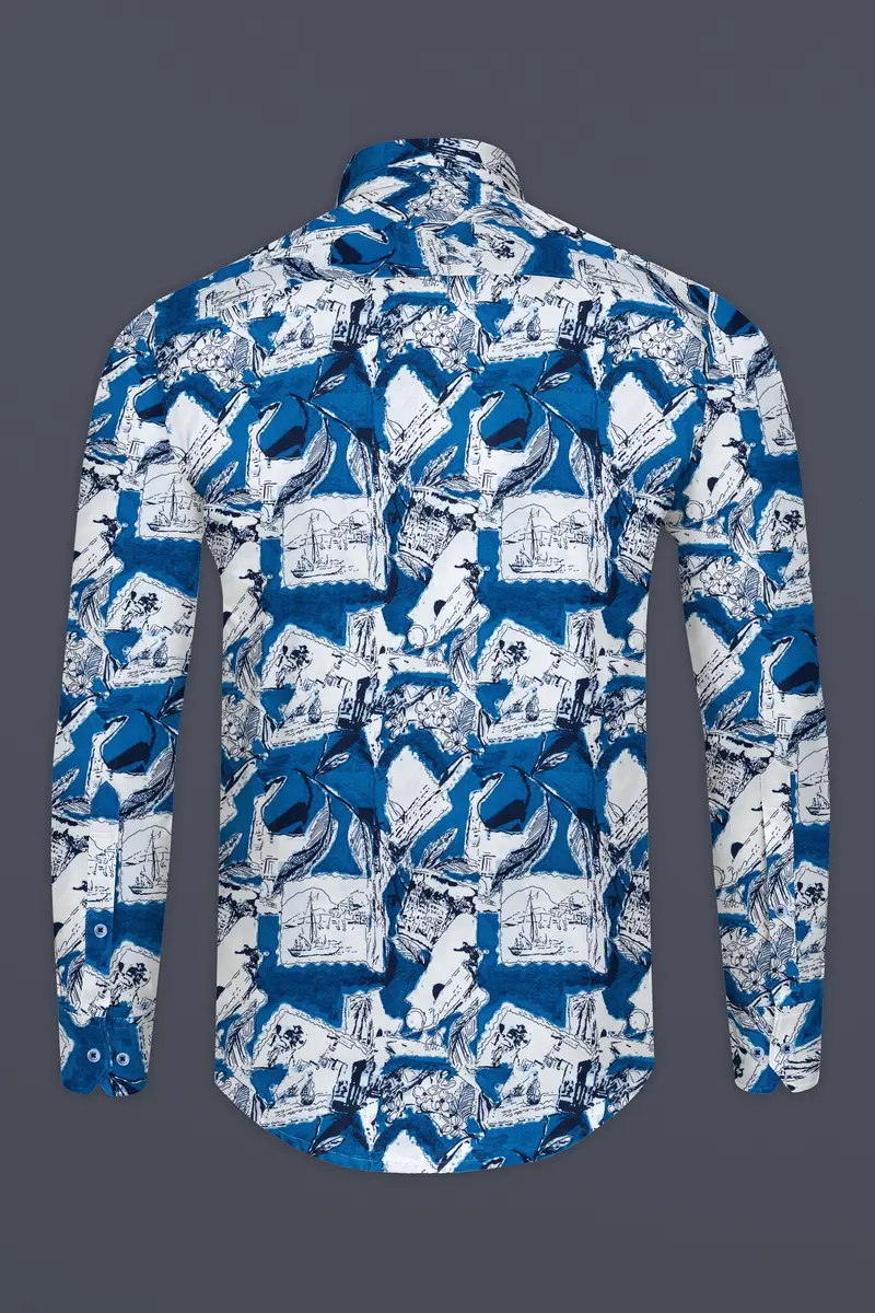 Azure Blue With White Ocean Printed Super Soft Premium Cotton Shirt 5