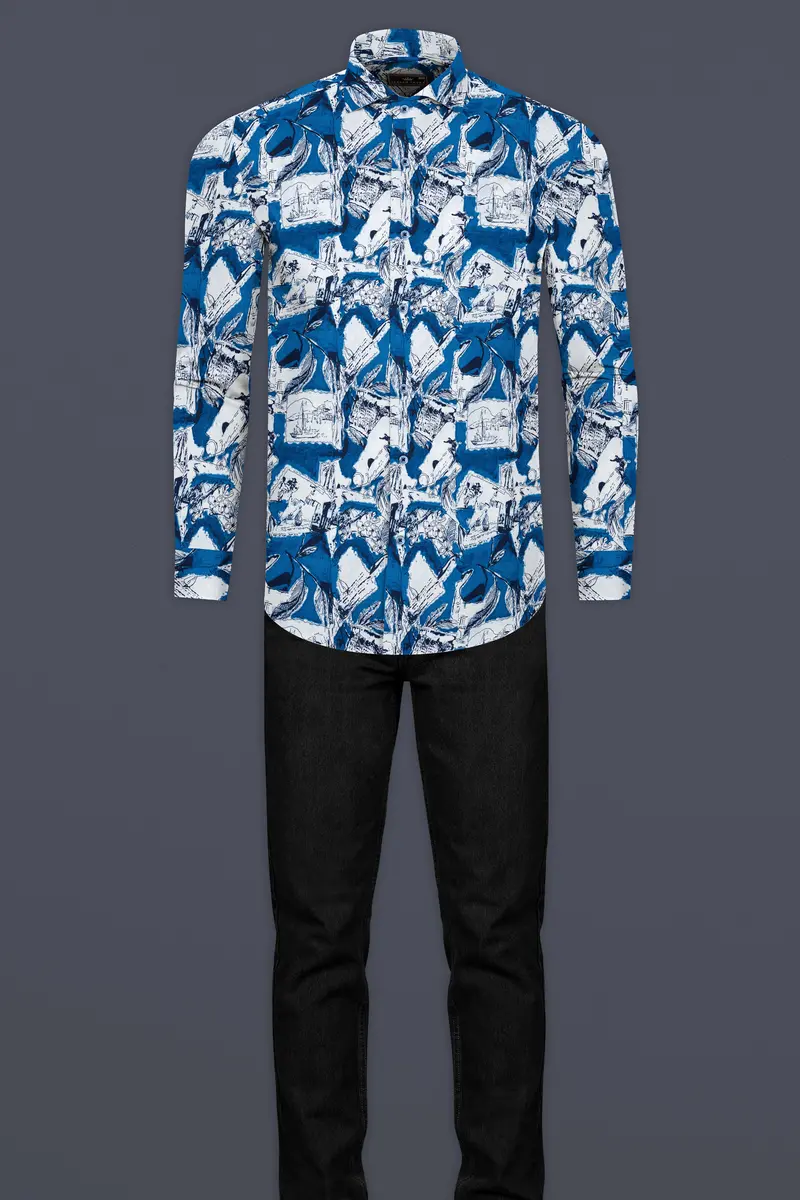 Azure Blue With White Ocean Printed Super Soft Premium Cotton Shirt 6