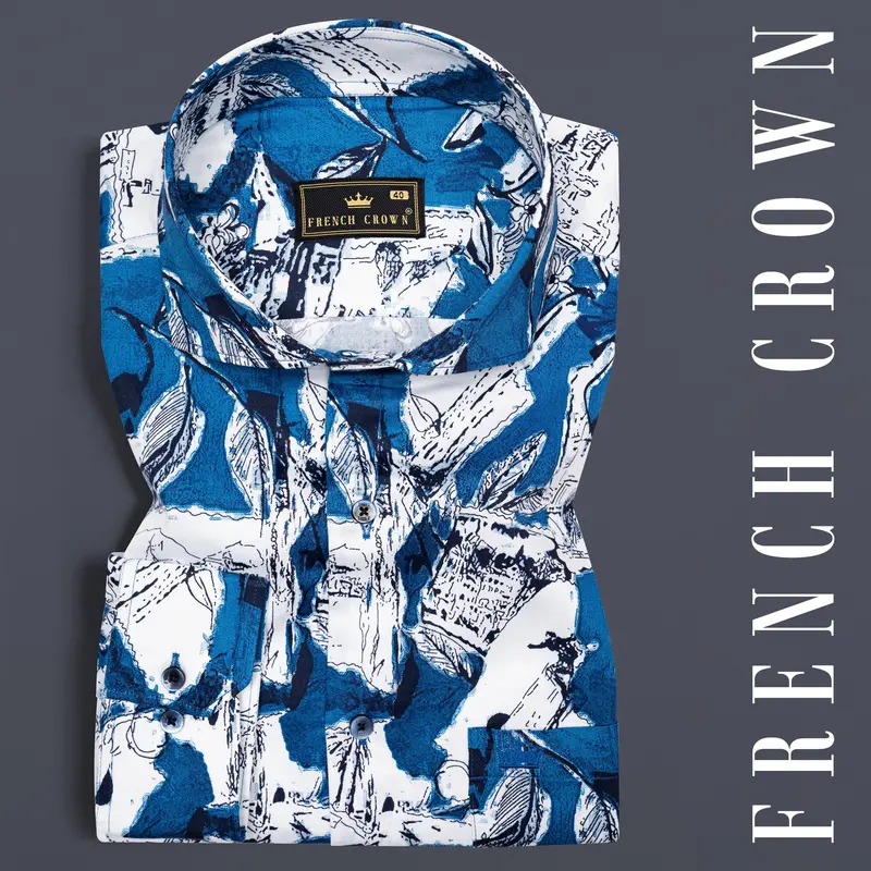 Azure Blue With White Ocean Printed Super Soft Premium Cotton Shirt 7
