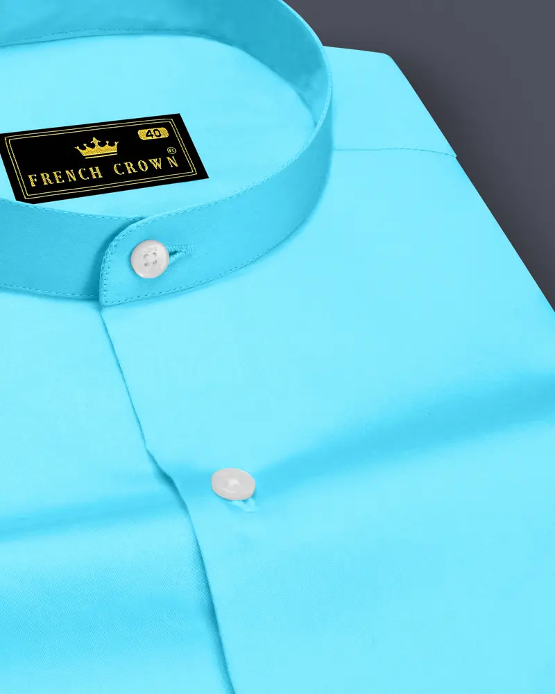 Azure-Columbia Blue Subtle Sheen Super Soft Premium Cotton Mandarin Dress Shirt 1