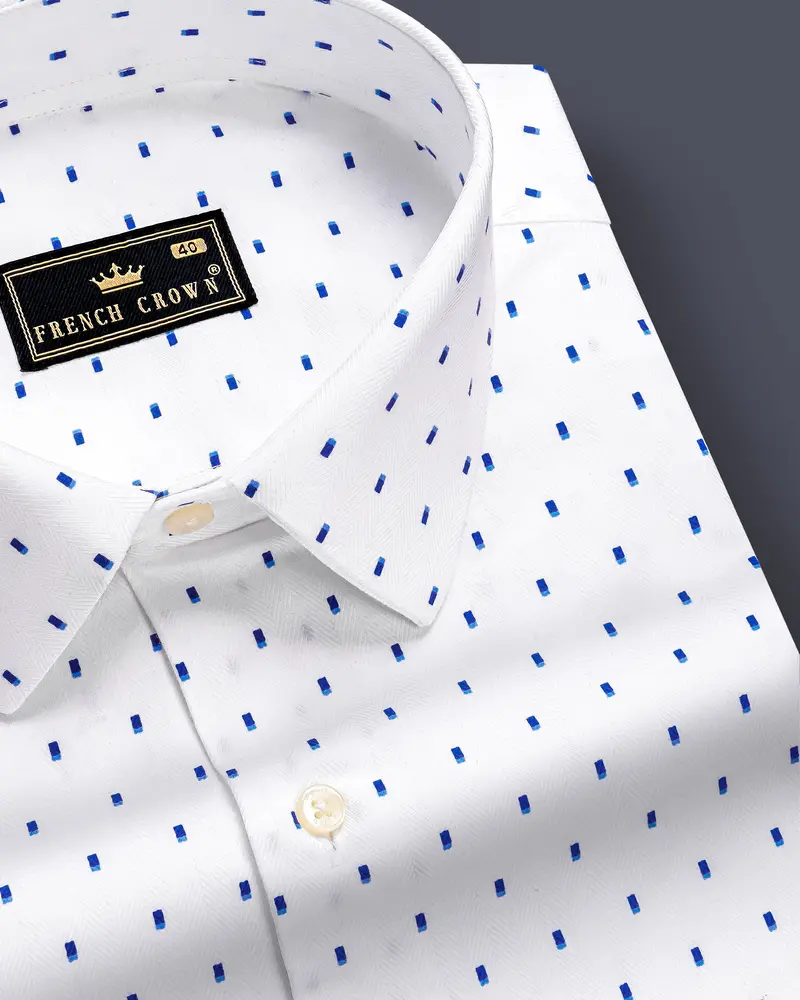 Azure Crest-Bright White And Persian Blue Printed Dobby Textured Premium Giza Cotton Dress Shirt 1