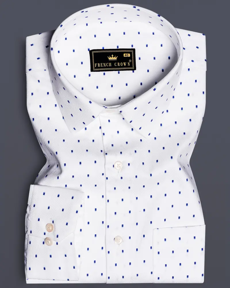 Azure Crest-Bright White And Persian Blue Printed Dobby Textured Premium Giza Cotton Dress Shirt 10