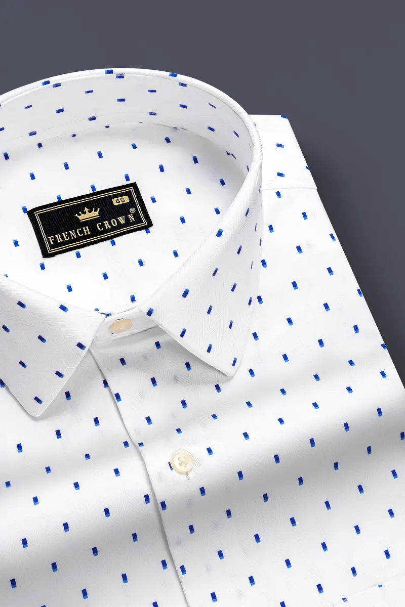 Azure Crest-Bright White And Persian Blue Printed Dobby Textured Premium Giza Cotton Dress Shirt 2