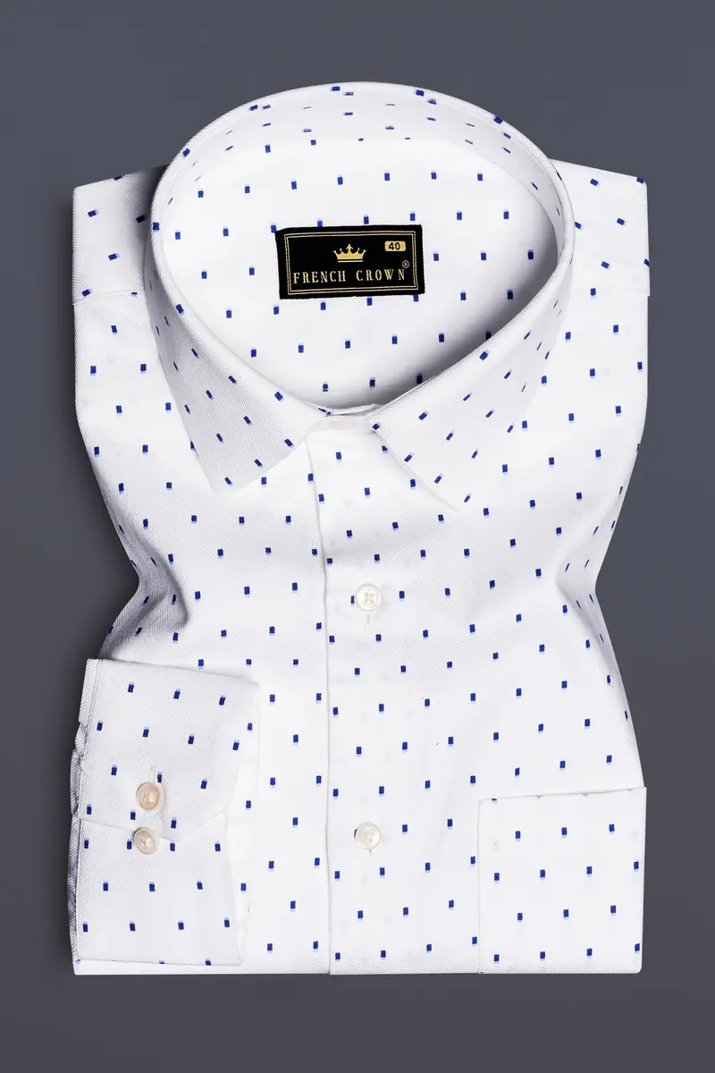 Azure Crest-Bright White And Persian Blue Printed Dobby Textured Premium Giza Cotton Dress Shirt 4