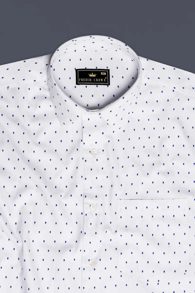 Azure Crest-Bright White And Persian Blue Printed Dobby Textured Premium Giza Cotton Dress Shirt 5