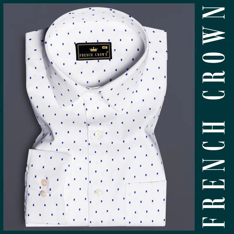 Azure Crest-Bright White And Persian Blue Printed Dobby Textured Premium Giza Cotton Dress Shirt 6