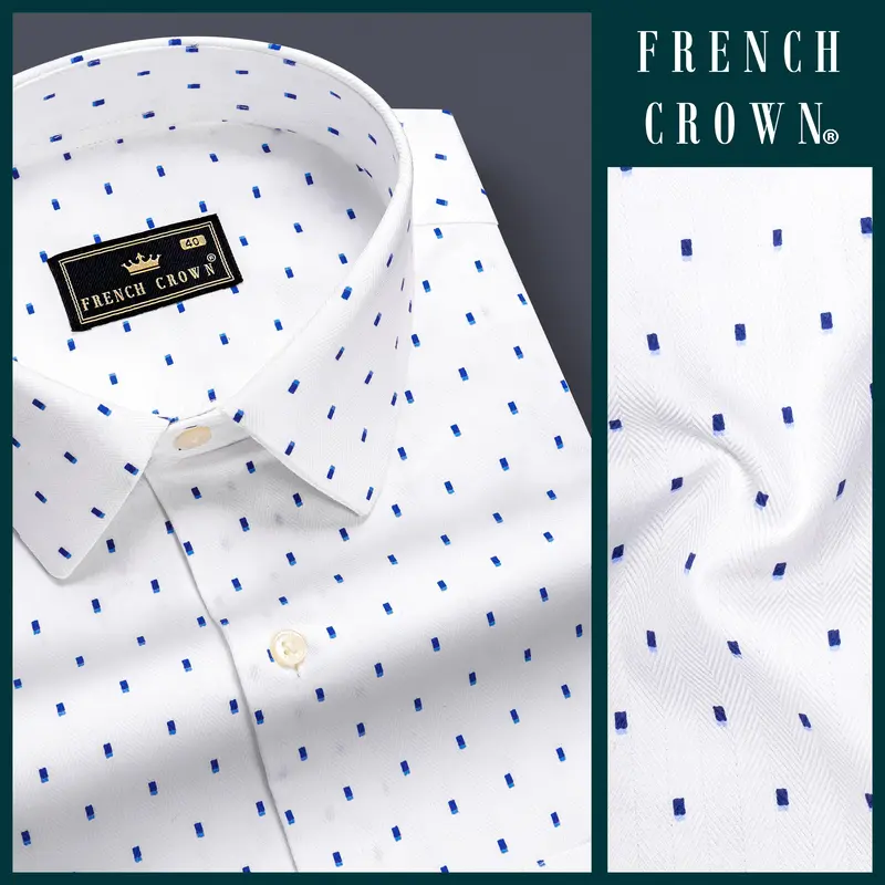 Azure Crest-Bright White And Persian Blue Printed Dobby Textured Premium Giza Cotton Dress Shirt 9