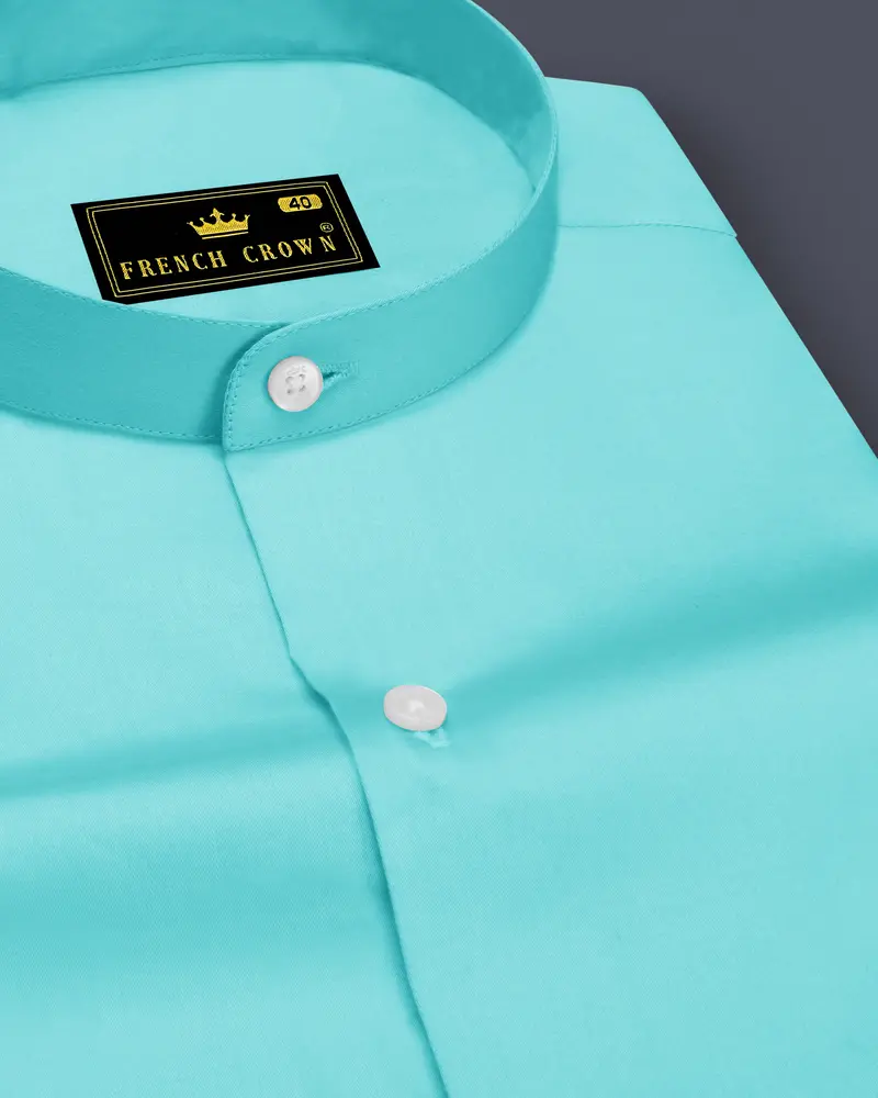 Azure-Downy Blue Subtle Sheen Super Soft Premium Cotton Mandarin Dress Shirt 1
