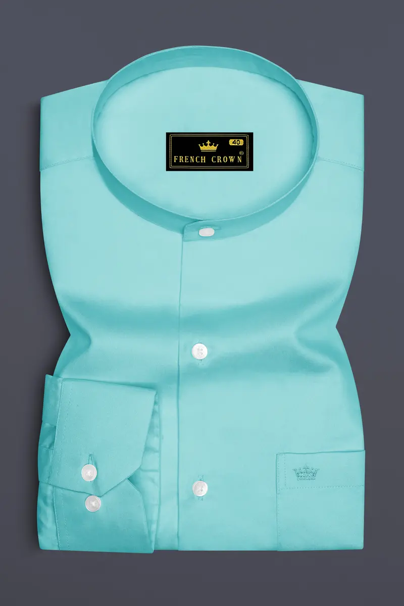 Azure-Downy Blue Subtle Sheen Super Soft Premium Cotton Mandarin Dress Shirt 4