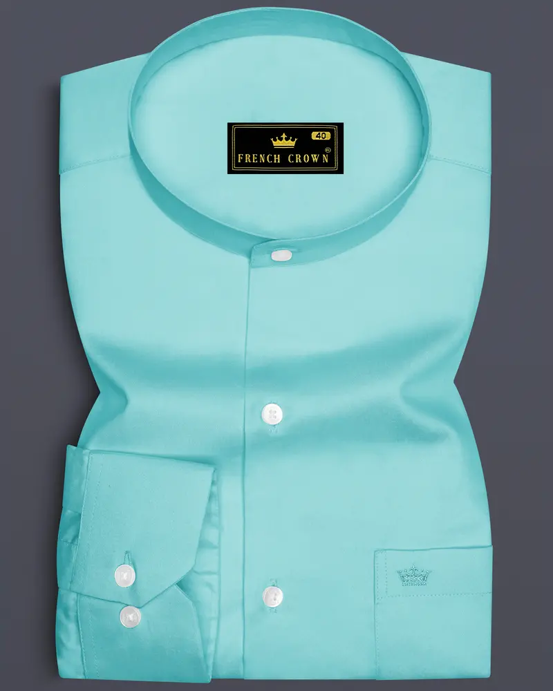 Azure-Downy Blue Subtle Sheen Super Soft Premium Cotton Mandarin Dress Shirt 6